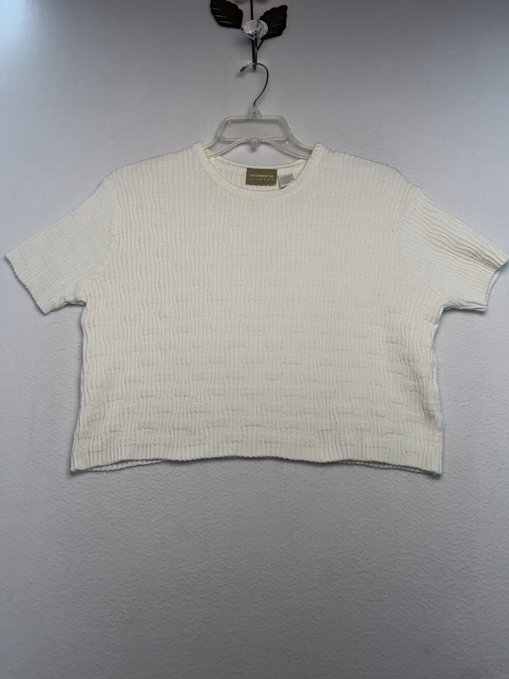 Preppy Liz Claiborne Women White Cable Knit Cotton Short Sleeve Sweater L Beach